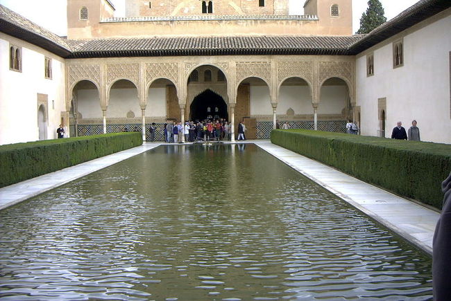 アラヤネスの中庭はさすが<br /> <br />アラヤネスの中庭、庭の中央に長方形の池があり、その周囲にアラヤネスの花の生垣が取り囲んでいて、落ち着いた池の面をじっくり見る。静謐な空間のパティオだ。天気が今一で池が風のせいか少し波立っている。晴れていて風が無かったら反射した建物の影がもっと綺麗に写るはずがすこし残念である。<br />