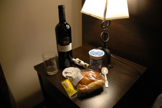 これが今日の晩御飯。<br />エル・チャルテンで買ったワインとサンドイッチ、ヨーグルト。<br />チャルテンでピッツァも食べたので軽めに。<br /><br />トレッキングの疲れでこの後すぐに就寝。