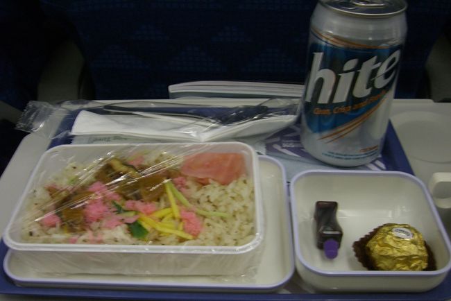 帰りの機内食。<br /><br />お昼だったため、ビビンバ！？ビビンバ！？<br /><br />とわくわくしていたのに。<br /><br />結局、期待は外れ、普通に日本食でした。<br /><br />昼間っからビールをあおって、無事帰国しました。