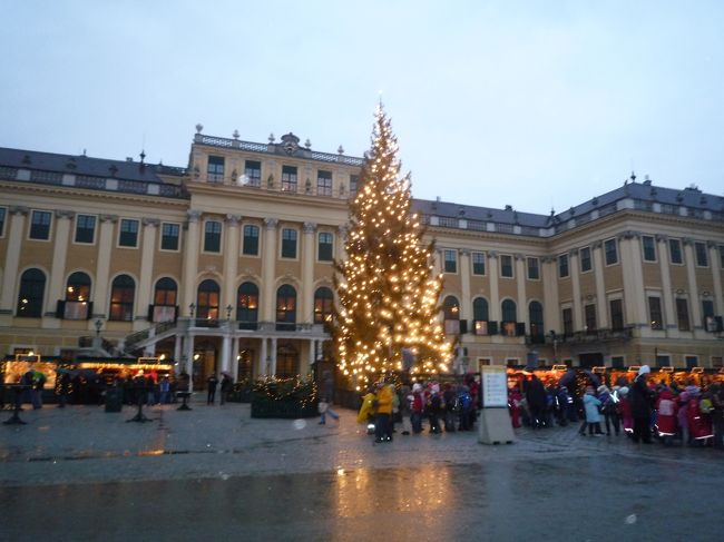 シェーンブルン宮殿<br /><br />宮殿前のツリー<br />ツリーの周りではクリスマスマーケット