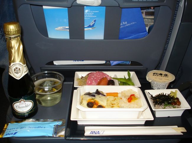 定番の機内食の写真ですが、冷たいお弁当（インチョン線）ではなく、温かい食事でした。<br /><br />全日空の食事っていつでも本当においしいと思います。<br /><br />今回の搭乗は午前中に仕事を終った為か、いつも機内でいただいているスパークリングワインがとても美味しく、合計３本いただきました。<br /><br />パーサーさんごあいさつありがとうございました。