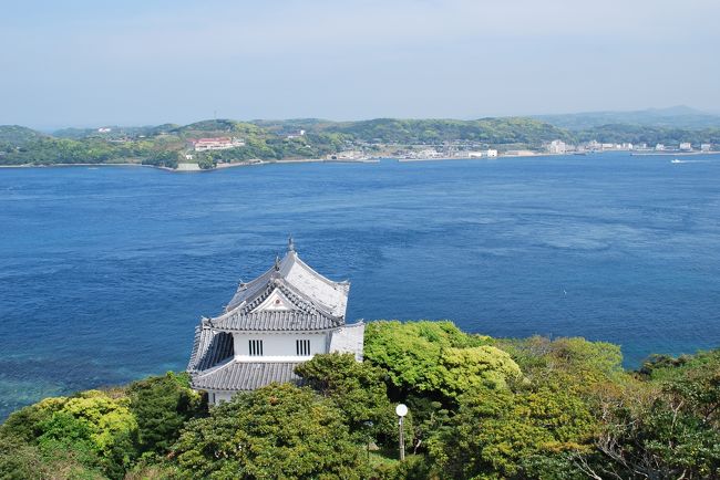 海の青に天守閣が映える．