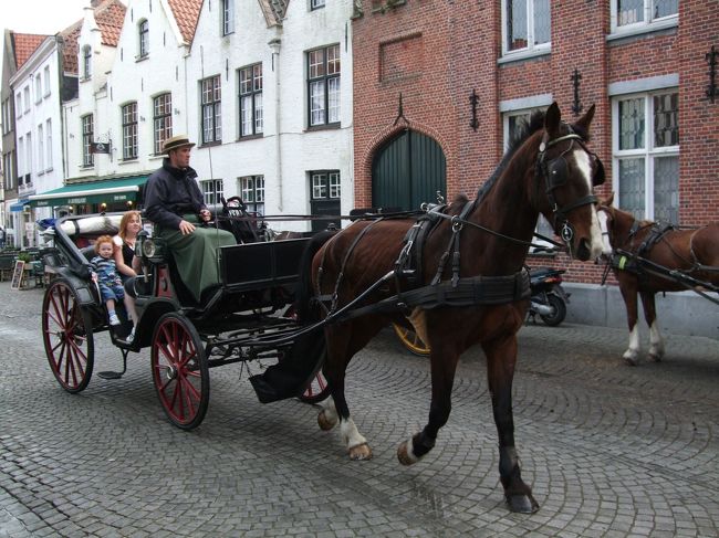 電車で１時間位、ブリュージュ到着です。<br />とりあえず、インフォメーションでガイドブックを記念に購入。<br /><br />メインの地区に向かい歩き始めましたが、夫婦そろって方向音痴。裏通りばかりを歩いて、ようやく開けたところに出ました。<br /><br />ここはどこなんでしょうか？？<br /><br />観光用の馬車。日本の観光地によくある人力車みたいなものでしょうか？？