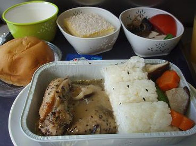 お昼で機内食でました。<br /><br />チキンとライスのセット・パン・ケーキ・サラダです。