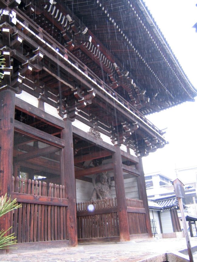 広隆寺　仁王門<br /><br /><br />雨が強くなってきた。<br />室内での拝観なので支障なし。<br /><br />長野の修学旅行の学生がタクシーで乗りつけ、グループでレポしているようだった。<br />タクシーの運ちゃんの説明を真剣に聴いてる学生が可愛い。<br />修学旅行の形も変わってきましたね〜