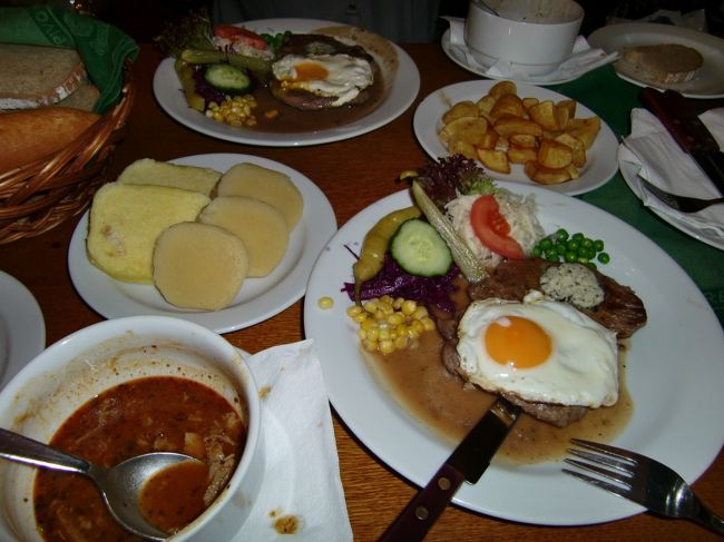 晩御飯にウルドルフィナへ行ってみました。<br />チェコ語のメニューしかなかったので、<br />適当に頼みました。<br />お肉は１人分って言ったのに２人分来てしまって多過ぎでした。。<br />地下にある部屋で食べてたんですが、チェコの人達ばかり。まだ夕方なのに平日なのに、みなさんお仕事は・・・？