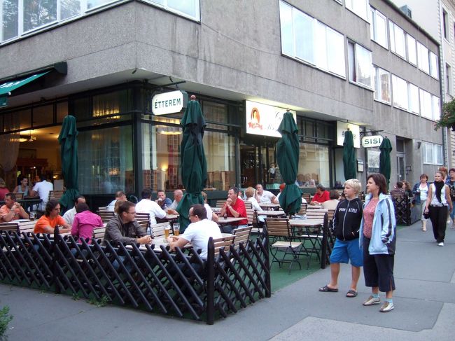 　ハンガリー最後のディナーを食べようと、モスクワ広場から城バスで王宮の丘へ。<br />　相方がガイドブックでチェックしていたカフェ・ピエロ（Cafe Pierrot）は、店頭に出されているメニューを見るとけっこう高そうなのでパス。結局、メジャーなシシィ・レストラン（SISI）へ。店内は予約でいっぱいで、テラス席に案内されました。