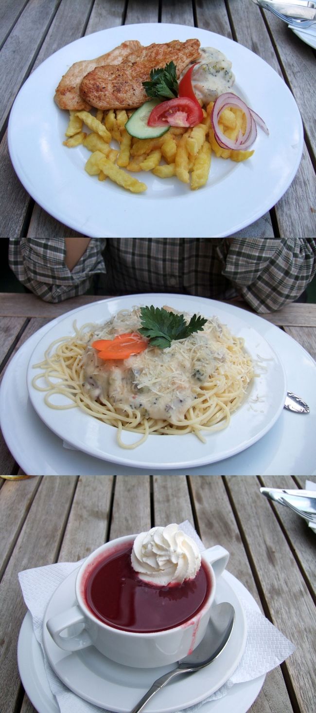 　メインは、シシィ風チキン、シシィ風パスタを注文しました。なにがシシィ風かと思いましたが、共通しているのはソース。ブラウンマッシュルームとハムとブロッコリーの入ったクリームソースがどちらにもかかっていました。<br />　他には冷たいフルーツスープ。裏ごしされていて、果実は入っておらずちょっと物足りなかったです。<br />　料理はこれまで食べたレストランの中では分量が少なく、日本人としてはちょうどよかったです。ただ、不味いわけではないが、とりたてて美味しいとも思いませんでした。ハンガリー最後の晩餐だけに残念でした。<br /><br />　ちなみに、シシィ（Sisi）とは、皇妃エルジェーベトの愛称です。レストランのあちこちに、エルジェーベトの肖像が描かれていました。