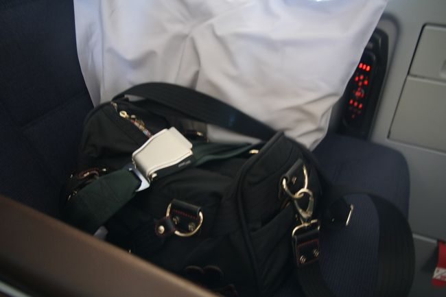 ちなみにウチは、中央の4列の場所にいましたが、<br />左右どころか4列で座ったのはウチだけ。<br /><br />そんなわけで、荷物は隣の席に。<br /><br />あっ、ポイントを。<br />荷物は、席が空いている場合、<br />シートベルトで固定すれば、<br />シート下などに入れなくてもOKなんですよ。<br />