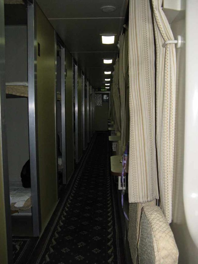 寝台列車内の様子。消灯は季節によって違うが、今回（4月）の場合は22時頃で、普段からもっと遅くに寝ているせいかなかなか寝付けなかった。<br /><br />　一方、夕食後に飲んだダイモックスの効果が現れ始めちょっと足を曲げるだけで若干ピリピリしびれるようになる（薬を飲むタイミングを間違えた？）<br />