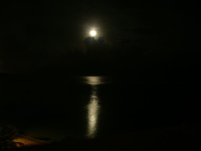 夜のバルコニーでの飲み会中。<br />海に移る月光。<br />天気があまりよくないので雲が気になりますが。。。