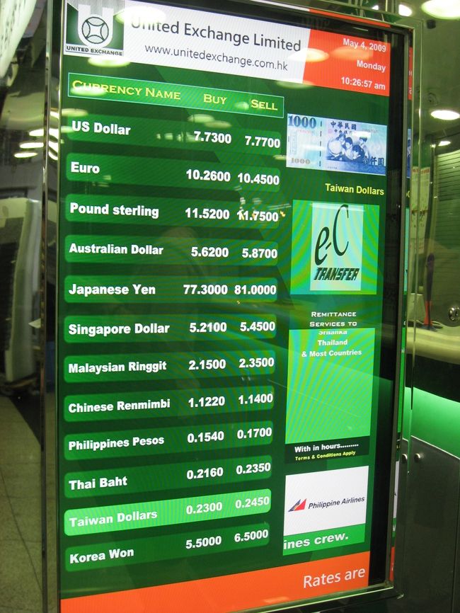 重慶大廈の奥へグイグイッと進みUnited Exchange Limitedへ。<br />レートのよさにビックリ！<br /><br />空港　10,000円→737HKドル(1HK$=13.56)<br />送迎バスの中　10,000円→750HKドル(1HK$=13.33)<br />United Exchange 10,000円→773HKドル(1HK$=12.93)<br /><br />ちなみに日本での両替レート1HK$=１５．２５くらいでした。香港へ行く際は日本で両替しないようにしましょう。全然レートが違います。<br /><br />ただ重慶大廈の中はあまり治安がよくはなさそうなので、気をつけてウロウロしましょう。