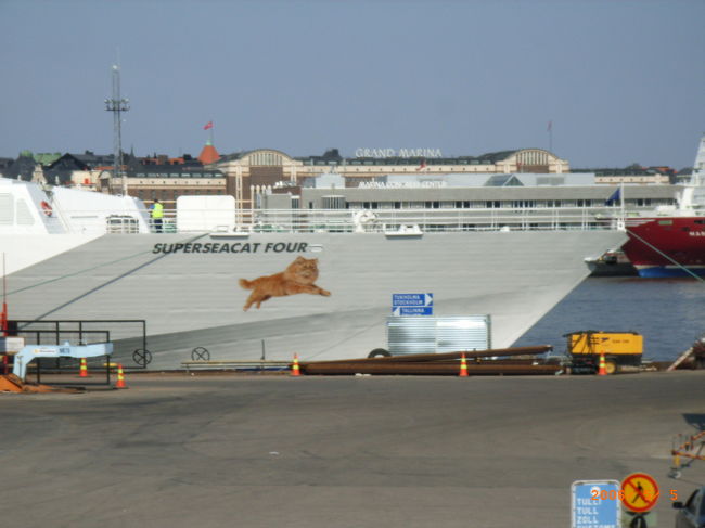 フェリーの隣には猫のマークのフェリーが。