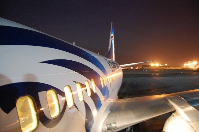 2:30起床。早朝なのか？深夜なのか？<br />3時に朝食をとって空港へ。今日はアスワンとアブシンベルに行きます。エジプト航空の国内線は成田から来た国際線よりも小さい飛行機です。ホルスのロゴもデザインが違います。まだ暗いうちにカイロを飛び立ちます。