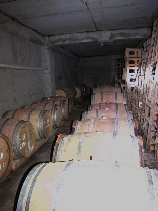 樽の右側等には特殊な方法で栓をされて瓶詰めした熟成中のワインが4万本積まれています。