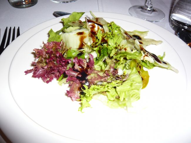 　ブダペスト最後のお食事です。民族音楽、民族舞踊を楽しみながら、ハンガリーの伝統料理、グヤーシュをいただく、というイベントです。<br />　わたし、この旅行が始まるまでは、毎日パプリカ料理ばっかりじゃないのか、と思っていたのですが、なんと、ここまで一度も、パプリカ味の料理は出てきませんでした。<br />　なので、とっても楽しみですよ。わくわく。<br />　さて、サラダです。うーん、バルサミコ酢がおいしくない‥‥で、ほとんど残してしまった。