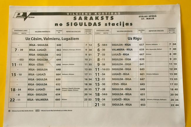 スィグルダ駅の列車の時刻表。