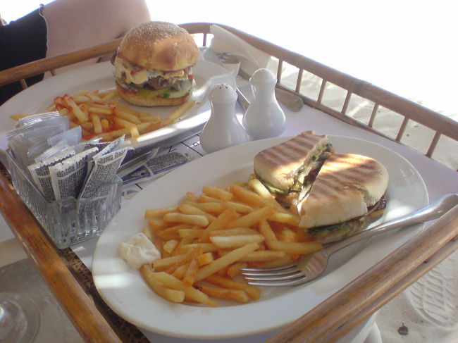 昼食はビーチバーに頼んで、チーズバーガーとパニーニ。ガラパンのお店よりは割高になりますが、風景とワンセットと考えれば仕方ないかな、と。<br />ただ、去年より蝿が増えた気がします。