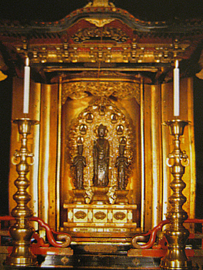 善光寺の御本尊は絶対のお秘仏で、7年に一度の御開帳といえども、我々がお参りできるのは、ご本尊をお写しした前立本尊です。この前立本尊の中央が阿弥陀如来、右が観音菩薩、左が勢至菩薩で、「一光三尊阿弥陀如来」と呼ばれるそうです。戦国時代にはこの善光寺如来は上杉、武田、徳川、豊臣の争奪の対象となり、この早々たるメンバーもこの如来を見ていたのかと思うと、感慨深いものがあります。<br /><br />（写真は善光寺ドライブガイドより引用）