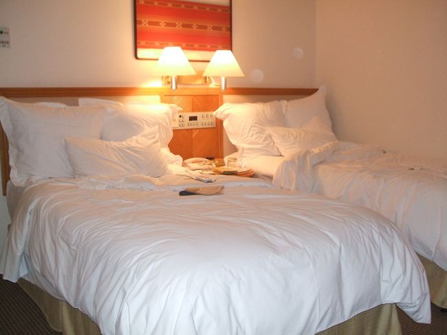 ターンダウン後のベッドです。ちなみに写真は朝起きて撮影したのでベッドが乱れてます・・・ホントは綺麗にベッドは整えられてます。<br /><br />ターンダウンがあって嬉しいのは、バスルームなども綺麗にお掃除をしてくれて、タオル類も新しいタオルに交換されていることです。特に、ビーチリゾートでは遊んで戻って来再度、出掛ける前にシャワーを浴びたりするので、寝る前にお風呂に入る時などに使用済みのタオルを再度使用しなくて良いです。