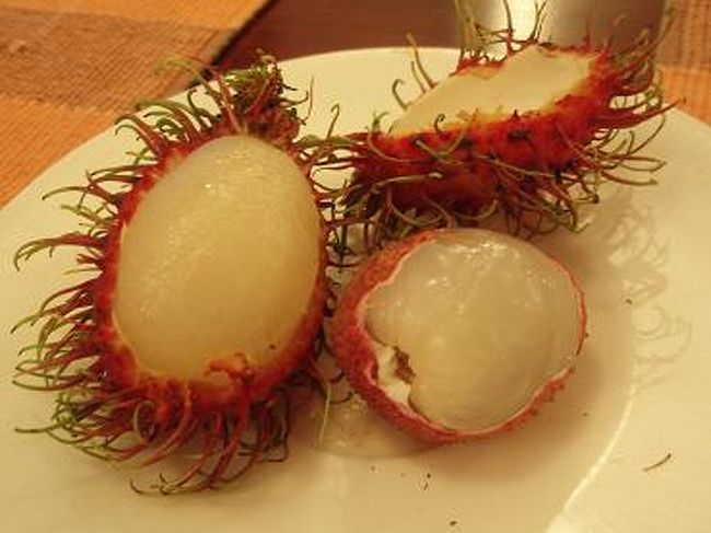 フルーツも２種類あって、<br />左側：マレー語で「毛の生えた物」という意味【ランブータン】<br />タイ語ではンゴと呼ばれています。<br />爪を立てて二つに割ると簡単に割ることが出来、<br />白い果肉が出てきて、甘くて美味しかったです！！<br /><br />右側：【マンゴスチン】<br />これも手で皮を剥いて、白い果肉が・・・<br />ランブータンよりもマンゴスチンのほうが甘い感じでした♪