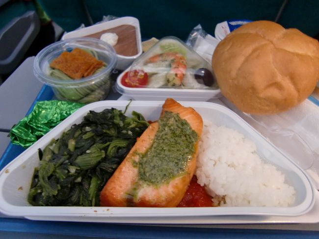 今回は、まずＯＳでウィーンへ。<br />最初の機内食は、サーモンです。<br />４人がけの座席に両端２人。<br />ゆったりできました。<br /><br />