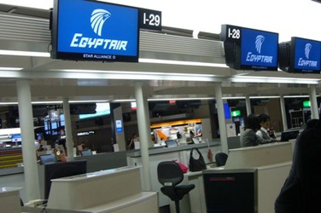 出発当日は、１３時に旅行会社のカウンター前集合。<br />国内便にて早々に成田には到着していたので、少し早目にカウンターへ行ってみたら、もう受付をしてくれました。<br />自分たちでエジプト航空のカウンターへ。<br />１３時前だとまだエジプト航空のカウンターになっていません！ここでいいのかな？と思いつつ、どこかのツアーの添乗員さんが「エジプト行きはここでーす」で言っていたのを盗み聞きし、並んでおきました。１３時にはきちんとエジプト航空の表示が。（１５時３０分出発便です）<br />早く着き過ぎると、まだ表示されておらずとまどいますが、意外とエジプトへ行く観光客は多いみたいなので、早めに並んで一緒に行く人との並び席を確保する事をオススメします。<br /><br />チェックイン後は旅行会社のカウンターへ戻り、ビザ代を支払いました。１人２５ＵＳドル。２人で５０ＵＳドル。ちなみにエジプトではＵＳドルが使えるので、このビザ代抜かして２人で２００ＵＳドル持って行きました。