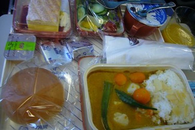 こちらは夫が頼んだ機内食。<br />シーフードカレーだったはず。<br />そうそう、ドリンクはプラスチックのカップに入れてくれるのですが、たまにカップが割れている時があります（＾＾；下からどんどんドリンクが漏れてしまって大変！すぐにＣＡさんを呼び止めて、代えてもらわねばなりません。行きは夫のカップが、帰りの便では私のカップが割れていました・・・。