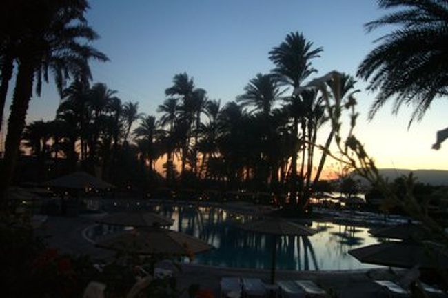 夕焼けのオレンジと夜のブルーがとってもキレイでした。<br />しかーし、暗くなったら蚊が気になってきましたよ。<br />長居せずに、退散となりました。<br /><br />そうそう、このホテルでは両替もしました。<br />１０００円分両替で、５８エジプトポンド。<br /><br />この日はとにかく外にいる時間が多く、疲労がＭＡＸ！２１時には即就寝でした。