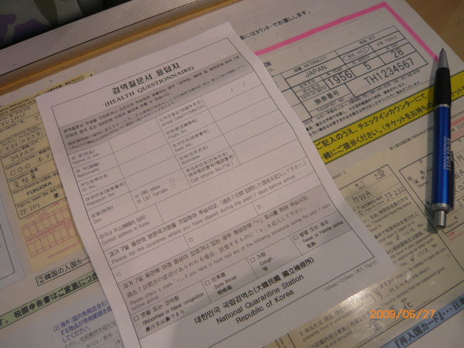 事前記入、韓国入国時の検疫申告書<br /><br />