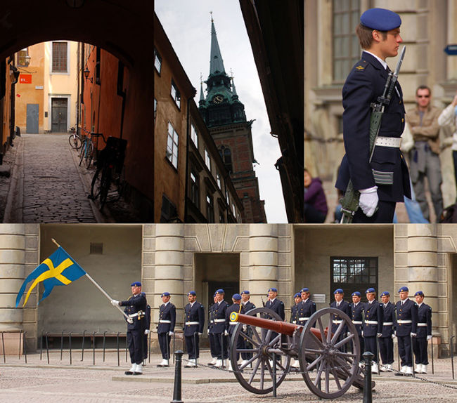 5/3（1日目）<br /><br />写真は王宮での衛兵交替式。<br /><br />2日の17時にフィンランドのヘルシンキ、オリンピアターミナルから大型フェリー「シリアライン」に乗って、翌3日の9時30分(定刻通り)にスウェーデン、ストックホルム　バッタムンターミナルに到着。<br /><br />フェリーから降り、すぐそばのバス停から中央駅行きのバスに乗り、<br />バックパックをコインロッカーに預けた。<br />ストックホルムは寒かった。<br />ヘルシンキで必要になるかもしれないと思い、ダウンジャケットを持って行っていたので、<br />それを持ち歩きようのリュックに詰めた。<br /><br />地下鉄でガムラスタンへ向かおうと、改札まで行ったけど乗り方が分からない。<br />まぁ、歩けるかな。とすぐに諦めて、地上に出た。<br />外に出て、ガムラスタンへと歩いた。<br /><br />12時になると王宮で衛兵の交替式があるので、<br />それにあわせて周りをふらふらしながら王宮へと向かった。<br />ガムラスタンに入ると、中世の街並みが広がり、まるで別世界のような、<br />ファンタジー映画の背景のような街並みが広がっていた。<br />もうそれだけで胸がいっぱいになった。<br /><br />「魔女の宅急便」の舞台になった場所だと聞いていたので、映画を思い出しながら、<br />足取り軽く坂を登り、王宮へと向かった。<br /><br />途中、寄り道しながら30〜40分程で、王宮についた。<br /><br />交替式と言えば、ロンドンのバッキンガム宮殿で見た式が華やかで印象的だったので、<br />そんなイメージで行ったけど、簡素なもので、ちょっと期待はずれだった。<br />たぶん夏には豪華になるんだろう。<br />衣装もまだ冬服で、底冷えするのか、特徴的なブーツを履いていた。<br /><br />交替式は静かに行われ、静かな王宮に衛兵の掛け声が響き、淡々とした式が行われた。<br /><br />交替式が終わった後もガムラスタンをゆっくりと見て回った。<br /><br />細い入り組んだ路地に、黄色がかったベージュの壁の、細長く背の高い建物が連なり、<br />ごつごつした石畳と伝統的な街並みが、中世の世界にいるようで、とても魅力的だった。<br /><br />海沿いに向かうと、対岸に一層の船が停泊しているのが見えた。<br />この日泊まるユースホステルのaf Chapmanかな、と思った。<br /><br /><br />天気が良く、気温も上がってきたので、<br />ガムラスタンから船で野外民族博物館「スカンセン」に行くことにした。