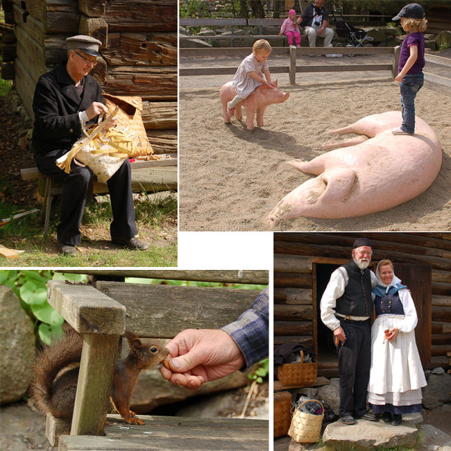 スカンセンへはたくさんバスが走っているようだったが、<br />せっかく島が点在する国に来たので、ガムラスタンから、小さな船に乗って、<br />スカンセンのある、２つ隣の島に行くことにした。<br /><br />15分程で着くと、そこにはチボリ公園があった。<br />コペンハーゲンにしかないと思っていたのでちょっと拍子抜け。<br />その先にスカンセンがあった。<br />チケット売り場でカード決済した時に、受付のおねえさんが漢字を美しいと言ってくれた。<br />ちょっと誇らしくてうれしい。<br /><br />中に入ると、スカンジナビア地方の動物を集めた、ちいさな動物園と、<br />スウェーデンの各地から集めたという、古い民家や農家が並んでいた。<br />観光客も子供連れのファミリーがほとんどで、ほのぼのしていた。<br />建物の中に入ると、民族衣装を来た人が、伝統工芸を実演していたり、<br />移築された小学校では、当時の先生の衣装を来た女性が案内をしてくれた。<br />個人的には、スカンセンはとてもよかった。<br />もともと行く予定でいたけれど、<br />前日、シリアラインの中で、スウェーデン人におすすめの場所を聞いたとき、<br />スカンセンをすすめられたので、きっと地元の人にも人気の場所なんだと思う。<br /><br />素朴で、でもあたたかい印象のする、地元の人に愛される場所なんだな、と感じた。<br /><br />少しはずれの方に行くと、高台になっていて、そこからガムラスタン(たぶん)が一望できた。<br />天気も手伝って、とてもいい眺めで、ガムラスタンで聞こうとiPodに入れていた<br />「魔女の宅急便」を聞きながら、しばらく芝生に座って眺めていた。<br /><br />また船でガムラスタンに戻り、歩いて駅に戻り、<br />バックパックを背負って、ユースへ向かった。 