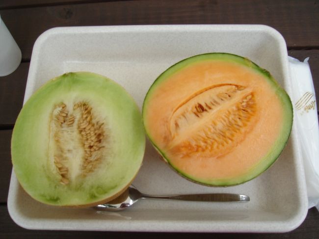 本日のメイン(^.^)/<br /><br />鉾田市の「メロンの森」さんに行きました。<br />メロン狩りは行わず、試食コースのみで。<br />メロン1/2個だと８００円、1/2×２個だと１４００円。<br /><br />メロンでお腹を満たしたい私は、1/2×２個コースで。<br />特別に違う種類のを出してくれたようです。<br />オレンジ色の方の品種は忘れてしまいましたが<br />緑色のほうは「さやか」という品種だそうです。<br /><br />私はこの「さやか」の方が美味しかったです♪<br /><br />メロンに夢中のあまり、ここの施設の写真を撮るのを<br />忘れていました･･･。