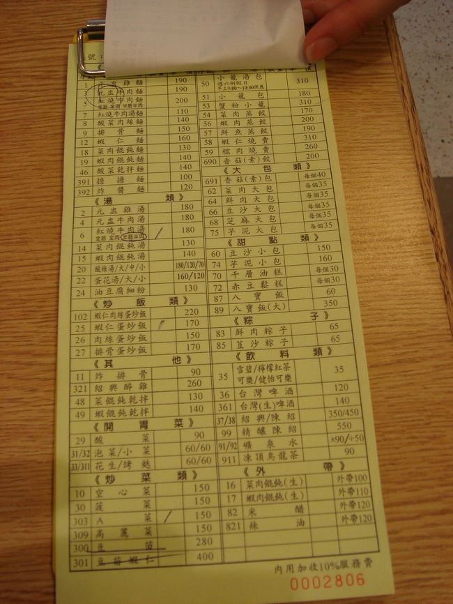 そんなこんなで、９時の開店に合わせて鼎泰豊へ。<br />（日曜日は朝９時の開店なんです）<br />待ち時間無しでテーブルへ。<br /><br />オーダー票に自分でチェックし、注文します。<br /><br />今回のツアーには、鼎泰豊の小龍包のクーポンが付いてました<br />ので、遠慮なく利用させていただきました。