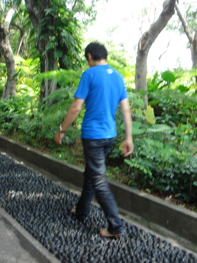 要は石を敷き詰めた小径です。<br />裸足になって歩いてみましょう！<br />（日本で毎日ウォーキングしてますから、<br />歩くことには自信があるんですよね〜！）