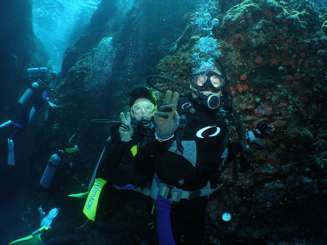 安全停止は岩場につかまって。<br /><br />って、ここには流れが〜。<br />しっかり摑まっていないとひよこダイバーは流されてしまいそうでした。<br />ちょっと水深をあげたら身体が鯉のぼりみたいになっちゃうの。<br />同じように見える場所でもちょっとした地形の変化で流れも随分変わるのね。<br />一つ学習しました。