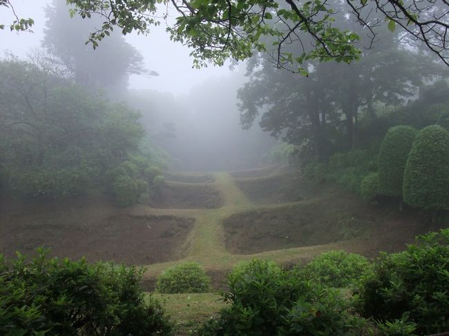 山中城です。<br />あさぼらけです。<br />雨もちょっと降っていました。<br /><br />しかし、堀がきれいに残っていて、美しかったです。<br />土は雨が降れば流されるのに、これだけキレイに残っているということは、こまめに整備されているということなのでしょう。<br /><br />雨のせいで誰も城址にはいませんでしたが、<br />そのぶんゆっくりと城を楽しむことができました。