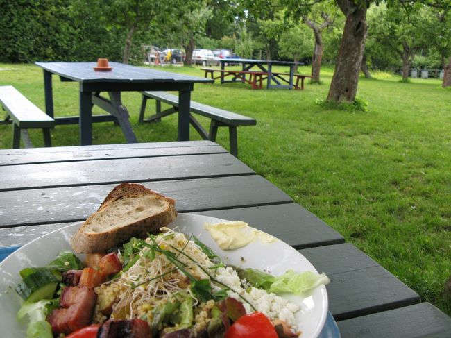 林檎の木の下のﾍﾞﾝﾁで早速いただきます。<br />っと、雲行きが...。<br />ﾎﾟﾂﾎﾟﾂしてきたけど、なんとか葉っぱが遮ってくれてたのに、意地を張って傘さして頑張ってたけど、次第に雨脚が強くなってきて、仕方なくﾊｳｽの中へ退散。<br /><br />ﾃｰﾌﾞﾙが空いてない！<br />結局、食事も終わりかけのご夫婦に相席をお願いしました。