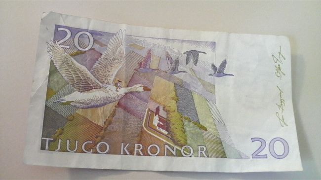20SEK紙幣の裏面にはニルスが旅する絵が描かれています。<br />ちなみに表には「ニルスの不思議な旅」の作者の肖像があります。