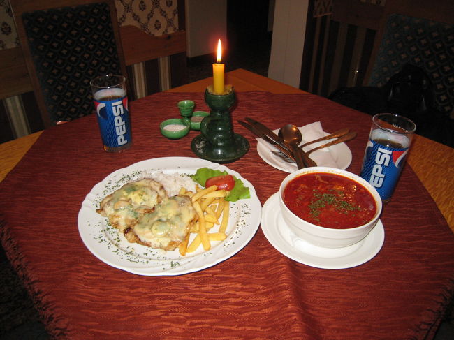 お昼ごはんは大聖堂の近くにある「アノニム」へ。<br />ガイドブックには日本語メニューがあると<br />書いてましたが実際にはなかったです。<br /><br />写真は「エステルゴム風・ポークのマッシュルーム<br />ソース添え」とグヤーシュ。<br />どっちもかなりおいしくて疲れがふっとびました。<br />コーラ２つつけてチップも払って2300円くらい。<br />観光地なのに安すぎです。