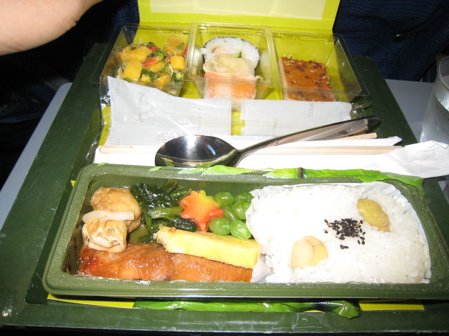 ブダペスト→アムステルダム→関空<br /><br />・・・と、往路と逆のルートで帰ります。<br />帰りはがらがらに空いていたので３人掛けの座席を<br />２人で使えてラクチンでした♪<br /><br />最後に帰りの機内食を載せておきます。<br />こっちが晩ごはん。鶏の照り焼きです。