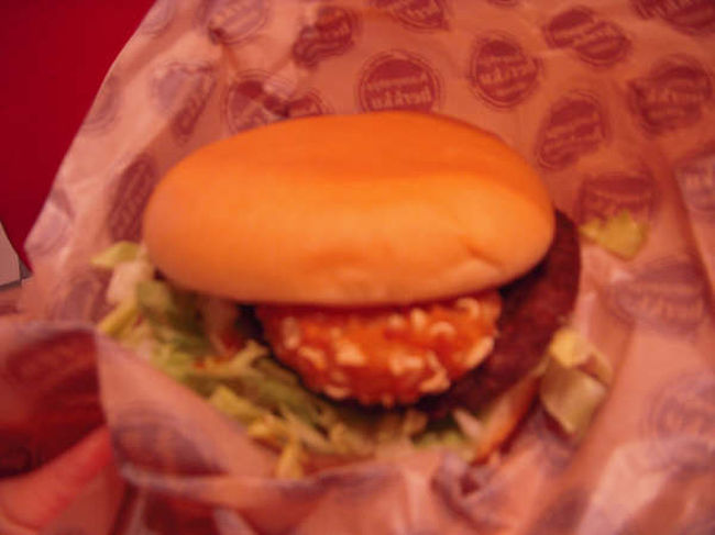 オーダーしたのはこちら。<br />チーズボールのハンバーガー☆<br />珍しくて結構おいしかったです!!<br />相方さんはチーズが食べれず、残念!!<br />（英語表記が無いとチーズかどうかさえ分かりません）