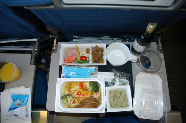 北京からの帰りの便の機内食です。<br />牛肉のスタミナ丼みたいなのと、チキンクリームパスタからのチョイス。ワタクシは旅行中にちょっと脂っこいものばかり食べていたので、ここではチキンクリームパスタを選択。どちらにもザル蕎麦がついているのが日本的です。<br />もちろん伸びきっていますが、海苔と出しつゆがたまらなくいい香りで日本人だなぁ、と思ってしまった。できれば蕎麦だけでもお替りしたくなります。