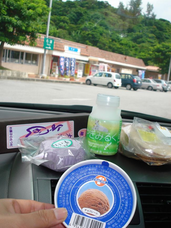 おやつは〜<br /><br />やぎみるく・・・草っぽい味？<br />ブルーシールのアイス<br />塩せんべいなど<br /><br />大東ようかんの試食がとてもおいしかったので<br />お土産に一つ買いました！