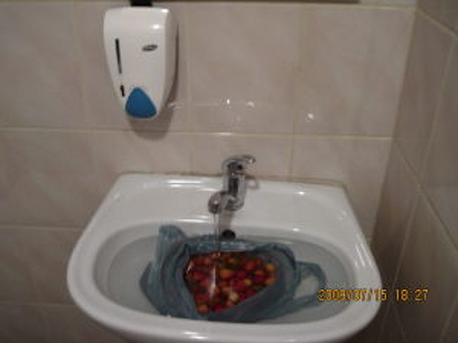 市場からさくらんぼ500g 0.5LTLで購入。<br />冷蔵庫がないので洗面器で冷やす