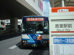 10月も後半に入ったというのに、晴れているせいかかなり暑い。首里城へは徒歩だと１５分くらい掛かるらしいので、バスを待つ。が、待っているとなかなか来ないもので、結局10分くらい待ちました。

←この８番のバスは運賃が１００円ととってもリーズナブル！（現在は１５０円になったそうです。）
時刻等詳しくは、　↓　↓
http://www.okinawabus.com/jiyoukamatisen/siyuri-jiyoukamachi0.html