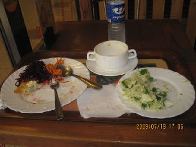 7月19日　日曜日<br /><br />10時頃にAホステルに移動。<br />日本人みたいな娘がいたので声をかけると、マレーシア人だと言う。<br />なるほど、ふたりは南洋華僑系でひとりはインド系だ。<br />３人ともモスクワ医大の学生で来年卒業だそうだ。<br />モスクワだと学費が安いからと言う理由らしい。<br />取り敢えず、晩飯を一緒に行く約束をして、バスターミナルの軽食屋に出かける。<br /><br />朝スープ、サラダ、魚フライ　15.0lts