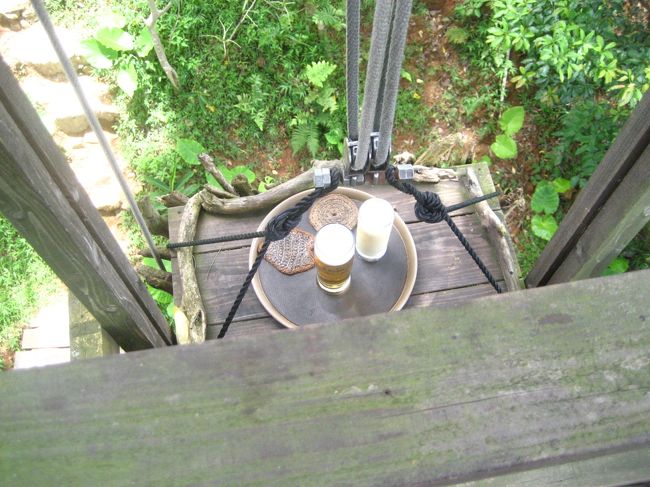 この木の上のテラス席の面白いところは、<br />料理も飲み物も滑車で下からあげてくれるのです。<br />前の組が、滑車に何か挟まっていたせいで、ドリンクがこぼれてしまい大変なことになっていました＾＾；