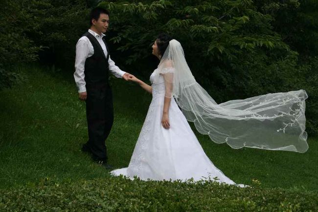 この公園でこんな風に<br />何組のカップルが写真撮影していたでしょうか？<br />中国人は人口が多いだけあって<br />結婚する人も多いです。<br /><br />急速に西洋文化が入ってきたそうで<br />私の眼から見ても恥ずかしいような<br />アツアツの写真を撮っていました。<br /><br />例えば、チュウしているショットとか、<br />芝生に寝そべって見つめあっているショット…などなど。いろいろです。<br /><br />今の若者達には全然抵抗ないようですが、<br />でも、彼女のお母さんは考えられないと言っていました。ちなみにわたしはお母さん派ですね。