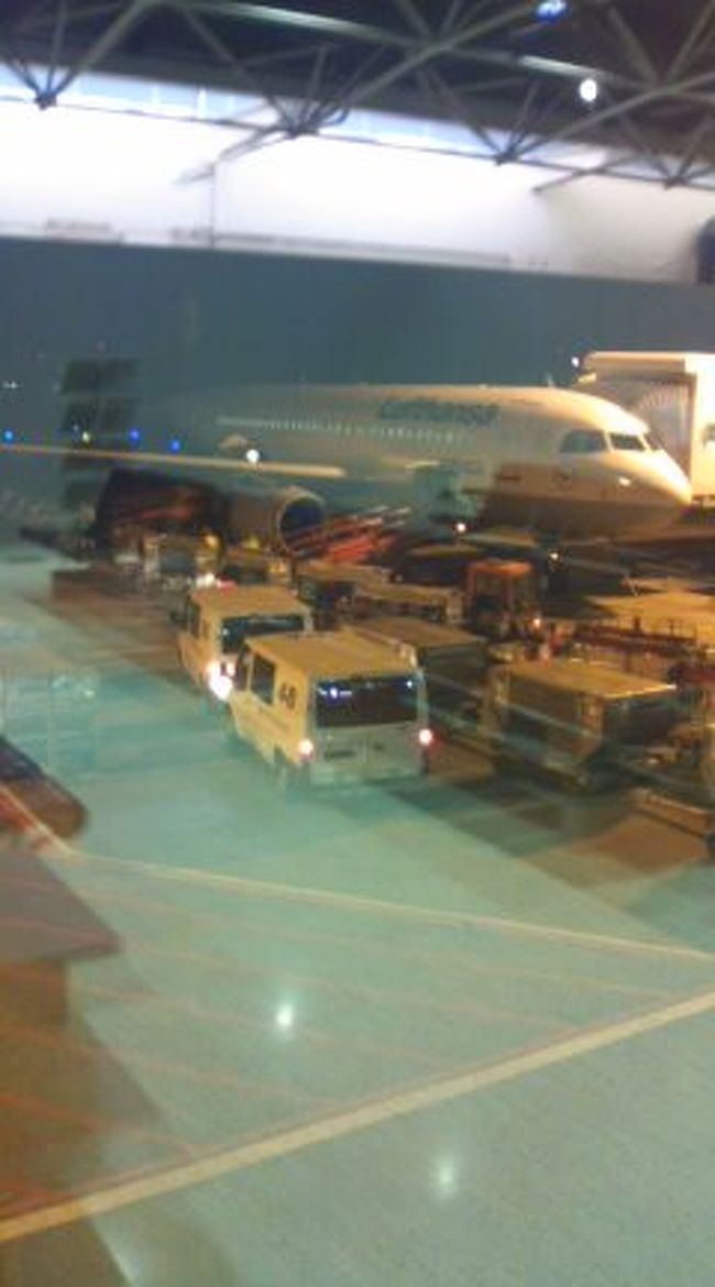 そしてそして！<br />やっとこ辿り着きました、感無量のヘルシンキ・ヴァンター国際空港★<br />ガラス越しなので、灯りが写ってしまいましたが‥<br /><br />もう、この時はほんとにぐっと来たと言うか。<br />１人だし、夜だし、まー周りから見たら寂しい状況だと思うんですが<br />何しろ初海外ですから、これからの日々に大いに希望を持ってました＊<br /><br />タイミング的に、残念ながら写真には撮れなかったんですが<br />青い灯りがたーーくさん灯っていて、それはそれは印象的な夜景でありました。。。